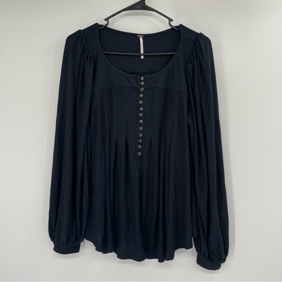 Free People Devin Black Balloon Sleeve Henley Oversized Textured Knit Top - Picture 13 of 13